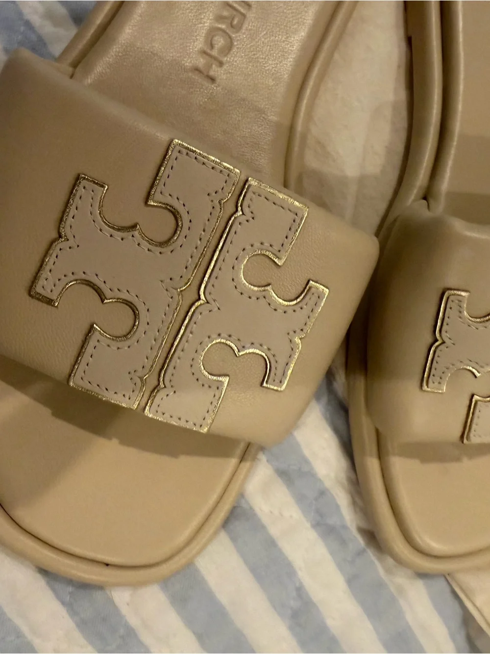 Tory Burch Neutral Beige Logo Slide Sandals